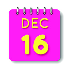 16 day of the month. December. Cute calendar daily icon. Date day week Sunday, Monday, Tuesday, Wednesday, Thursday, Friday, Saturday. Neon yellow. Pink Paper. White background.