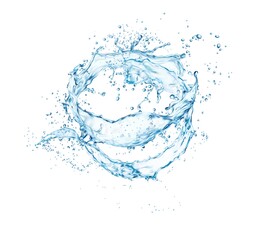 Fototapeta na wymiar Isolated clean blue water wave swirl splash with splatters. Purity or energy concept. Realistic vector clear water splash falling drops frozen motion. Translucent aqua flow swirl splatters
