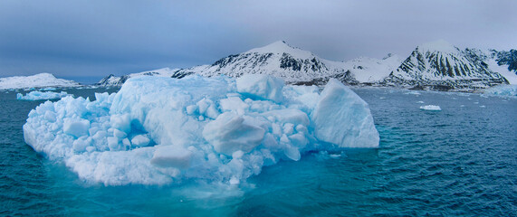Fototapeta na wymiar Drift floating Ice and Snowcapped Mountains, Iceberg, Ice Floes, Albert I Land, Arctic, Spitsbergen, Svalbard, Norway, Europe