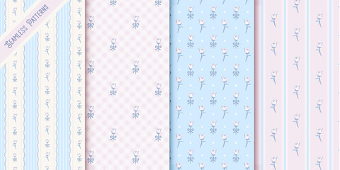 four seamless patterns set with pink roses