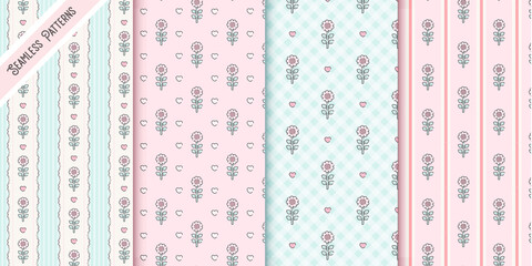 seamless pattern with pink flowers and hearts