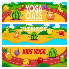 Kids yoga, cartoon fruits characters on yoga fitness. Vector orange, watermelon, kiwi and plum, mandarin, banana, lemon and apple, tangerine and pineapple, pear and quince, pomegranate on sport class
