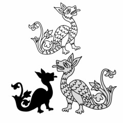 Vector isolated design set of black and white dragons, lined and silhouette