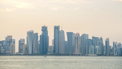 The skyline of Doha city center during evening, Qatar