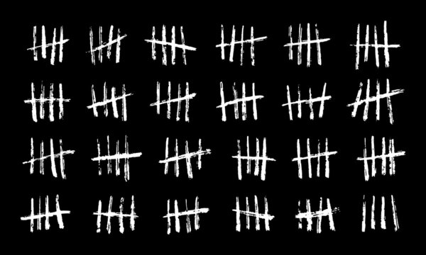 Wall tally marks, prison day counting jail hash symbols. Vector hand drawn chalk lines with slash strokes clustered in groups of four on black chalkboard background, unary numeral system