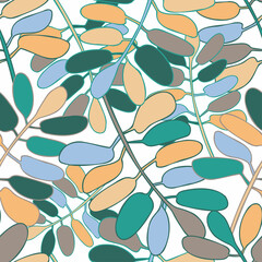 Abstract elegant seamless pattern of lined botanical floral motifs of plants and leaves