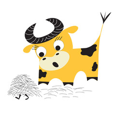 Surprised cow looking at escaping haystack. Fun vector illustration for children's prints. Drawn by hand