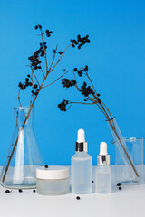 white glass frosted cosmetic jars for cream and with a dropper on a blue and white background. Laboratory glassware and experiments. Plants and black berries. Personal care and cosmetology.