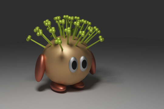 An abstract comic character. Coronavirus on vaccination. COVID-19 with frightened eyes. A yellow ball with oval arms and legs and green tentacle hair in a gray office. 3D render.
