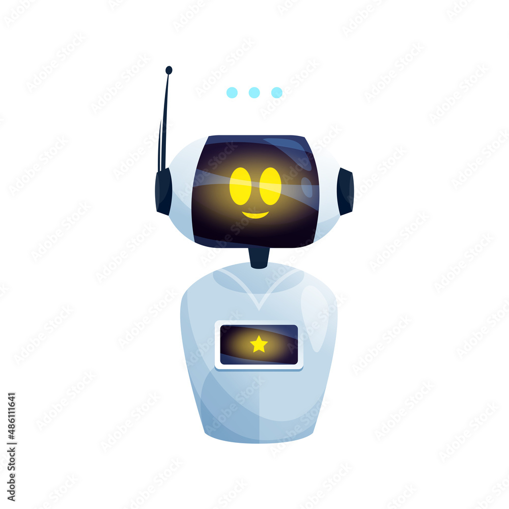 Leinwandbilder Robot smart helper with typing message sign above hand, friendly positive chatbot, ai helper isolated customer support service assistant. Vector online consultant, futuristic sci-fi character