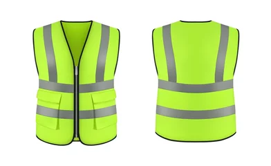 Foto op Canvas Isolated safety vest jacket, security and worker uniform wear. Realistic vector mockup of high visibility clothing, 3d fluorescent green safety waistcoat with reflective stripes, workwear © Vector Tradition