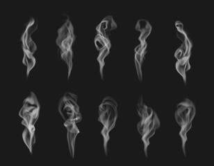 Cigarette smoke or steam realistic vector effect of white haze, mist, fog or marijuana vapor fume on black background. 3d transparent clouds, wave flows and smooth streams of cigarette or hookah smoke