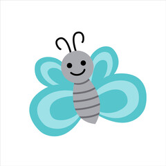 Butterfly. Blue jolly smiling butterfly. Flat, cartoon, isolated