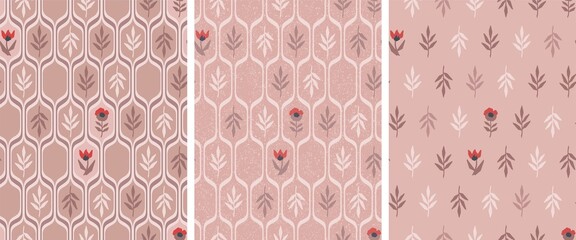 Vintage wallpaper in pink, brown and beige colors. Seamless vector pattern. Simple floral design for textile, wrapping, decorative background. Art deco, modern style.