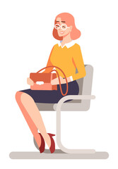 Candidate interview semi flat RGB color vector illustration. Intelligent young woman in glasses wearing corporate clothing isolated cartoon character on white background