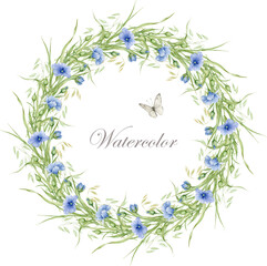 Wreath of watercolor flowers of flax and ears of oats