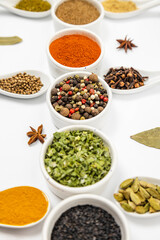 Multicolored condiments, different kinds of spices in ceramic bowls and spoons isolated on white