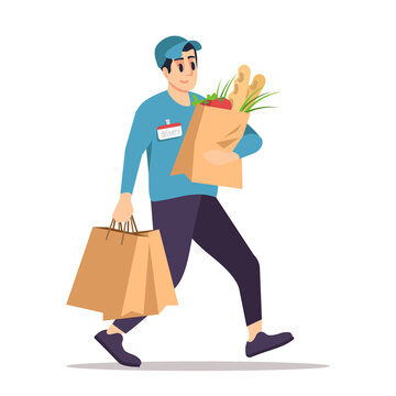 Delivering products from supermarket semi flat RGB color vector illustration. Courier isolated cartoon character on white background