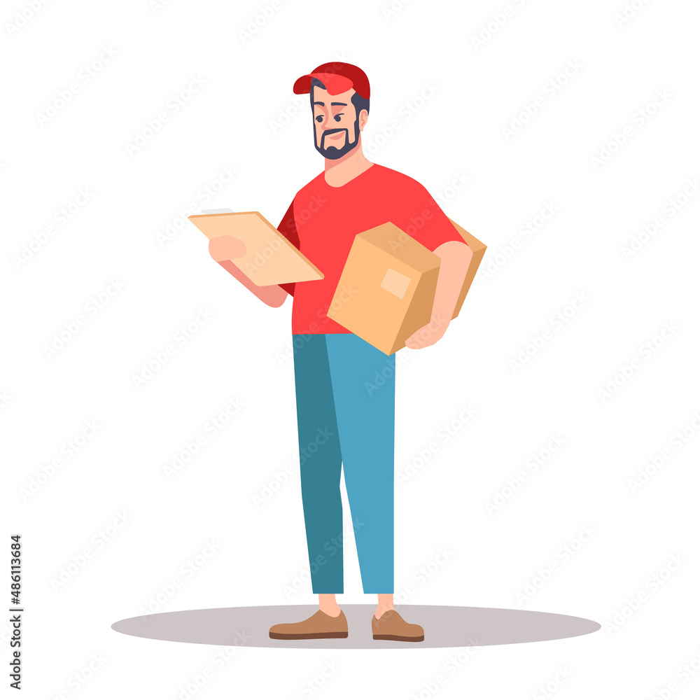 Poster checking delivery data semi flat rgb color vector illustration. delivery person with cardboard box i