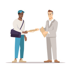 Delivering important documents semi flat RGB color vector illustration. Courier and businessman isolated cartoon characters on white background