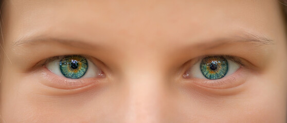 Green eyes of a young girl close-up.
