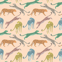 Rainbow leopard seamless pattern, wild vector background, colorful junge animals, good for printing, overlapping background