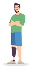 Athlete semi flat RGB color vector illustration. Smiling man with prosthetic leg isolated cartoon character on white background - obrazy, fototapety, plakaty