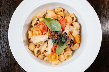 Pasta with tomatoes. Traditional Italian dish.