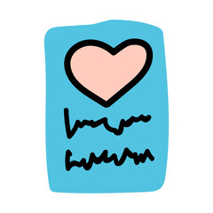 Doodle Love paper letter or postcard with pink heart. Message of love for Valentines Day. Hand drawn, linear, flat vector paper letter for web, banner, card, sticker.