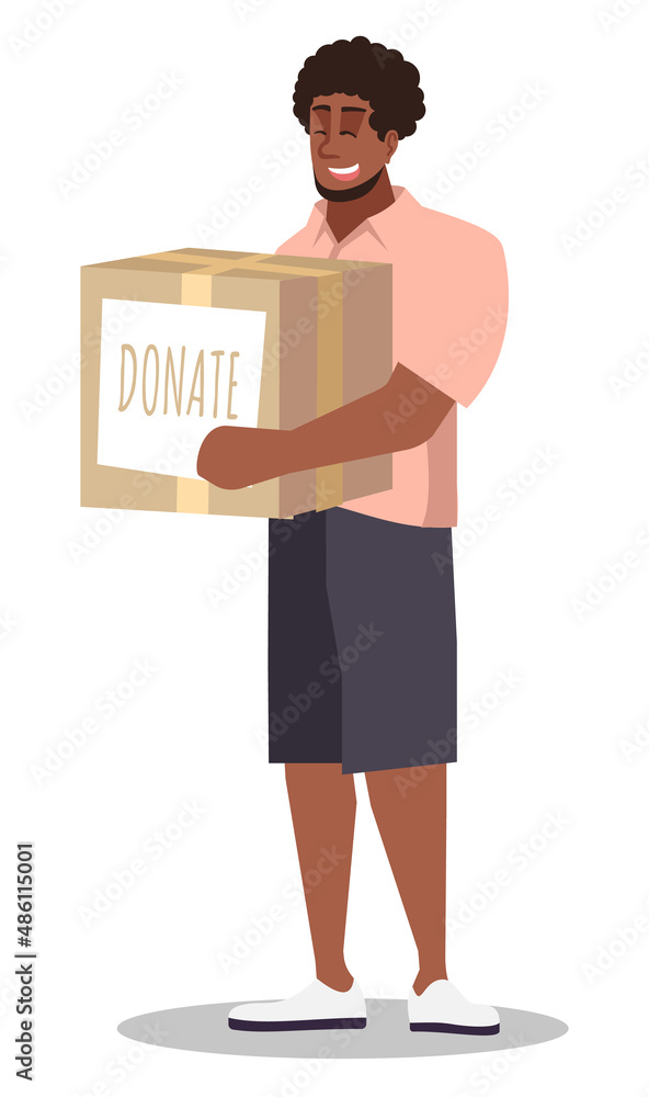 Sticker fundraising event semi flat rgb color vector illustration. male volunteer holding box for charity is