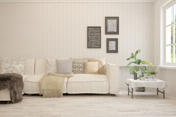 White living room with sofa. Scandinavian interior design. 3D illustration