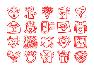 Set of hand drawn Valentines day Doodle vector icons. Valentine day Love Hearts, mug, flowers, cupcakes, drinks, letters, balloons, lock, messages icons.