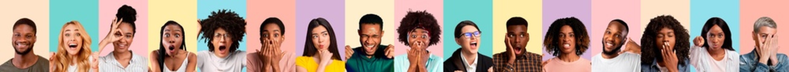 Multiracial people posing on colorful backgrounds, set of emotional photos