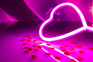 Some hearts on a table and a heart illuminated by an atmosphere of love with fuchsia tones