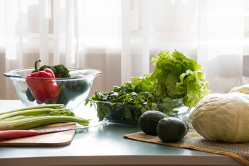 Vegan food - lettuce, Chinese cabbage, cabbage, pepper, broccoli, avocado, celery