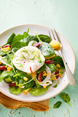 Vegetable Salad with Poached Egg, spinach, chorizo. Summer recipe, keto diet. Selective focus. Copy space. Healthy food concept.