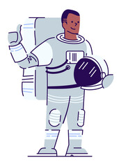 Space tourist semi flat RGB color vector illustration. Male astronaut holding helmet and showing thumb up isolated cartoon character on white background © bsd studio