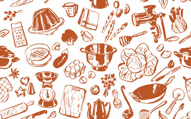 Kitchen equipment background, cookbook seamless pattern, culinary tools and supplies, illustration for cook book backgrounds, cards, posters, banners, textile prints, web design