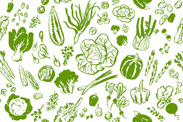 Vegetable drawing, seamless hand drawn doodle pattern, illustration for cook book backgrounds, cards, posters, banners, textile prints, web design