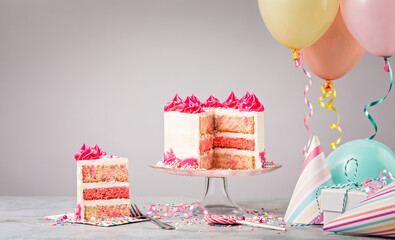 Birthday Party with Sliced Pink funfetti Cake - 486116853