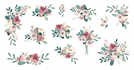 Set of spring branch with summer floral elements: flowers, green leaves, berries. Concept bouquet, border, corner for wedding, Womens Day 8 March, Valentines day, kids holiday. Vector illustration.