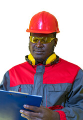 African American Worker In Personal Protective Equipment Writing On Clipboard Isolated On White Background