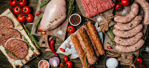 Various kinds of grill and bbq raw meats. Chicken, steak, sausages, minced beef meat kebabs, pork with herbs, spices on wooden background. Long banner format. top view