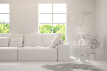 Mock up of stylish room in white color with sofa and green landscape in window. Scandinavian interior design. 3D illustration