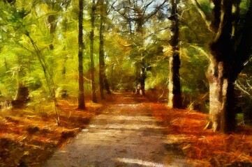 landscape view oil painting with real texture brush strokes effect. Contemporary impressionism mixed style wall art print. Travel nature scene. Vacation postcards wall art print design beauty artwork.