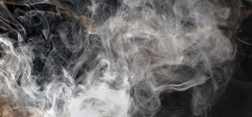 Tuinposter Abstract White smoke blot on black horizontal long background. © Liliia
