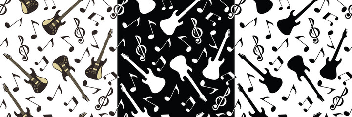 Guitars. Musical instruments seamless pattern in the style of rock, jazz, rock n roll. Vector image.