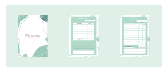 A set of planners for training, fitness and nutrition. A4 organizer template for printing. Planning meals, meals and sports schedules. Daily planner.