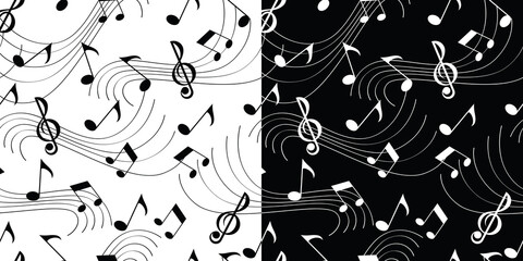 Music. Seamless pattern with notes and stave, wind pipe. Vector line image.