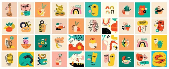 Big Set of Different colored Vector illustartions for posters in Cartoon Flat design. Hand drawn Abstract shapes, faces, different texture, greek elements, funny Comic characters.